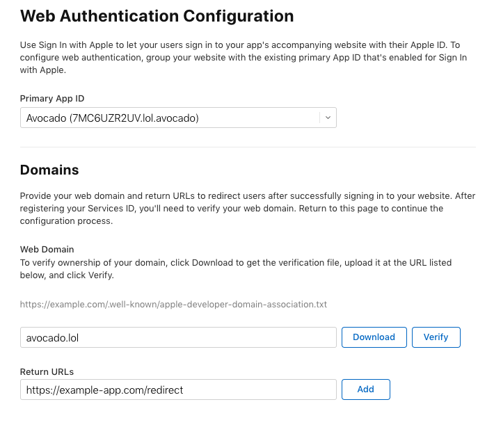 Web Authentication Configuration, enter example-app.com/redirect for the redirect URL