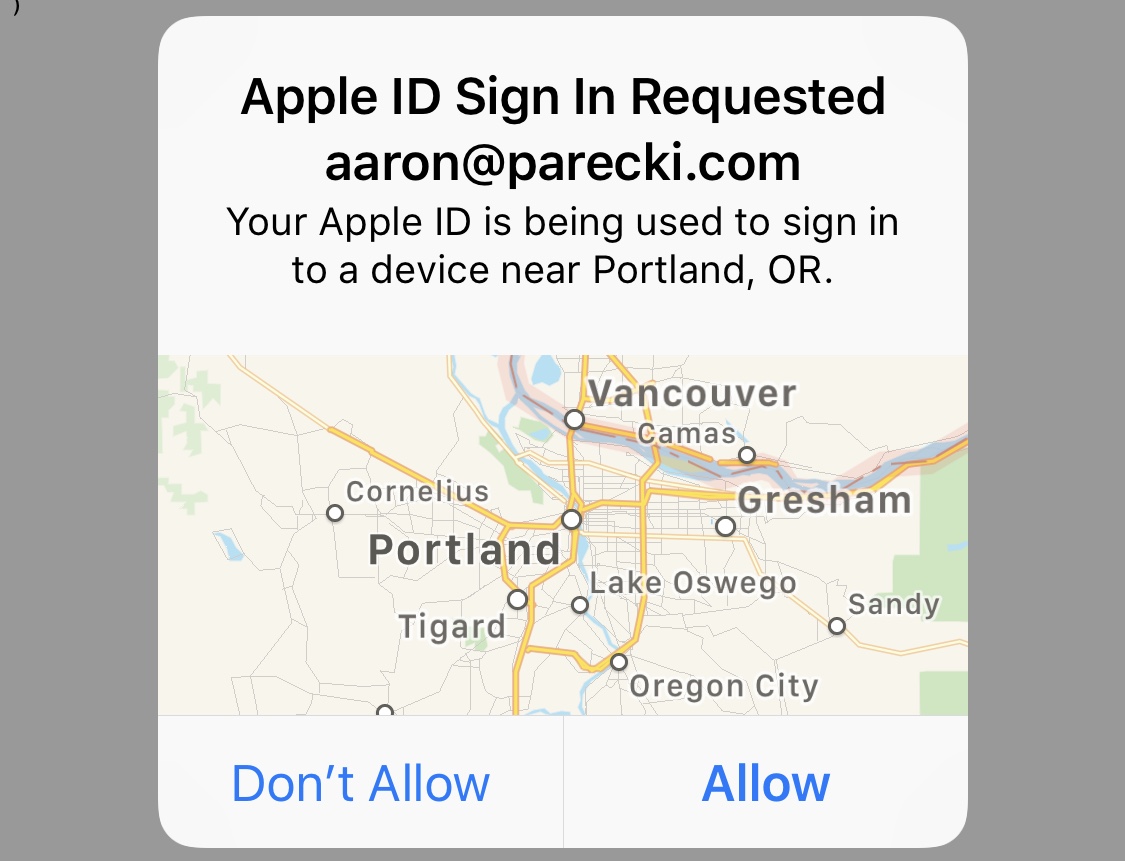 Apple's prompt for confirming the login from another device
