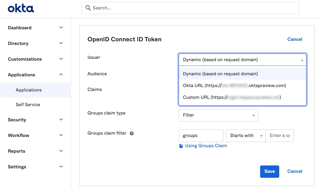 Screenshot of configuring the Okta application to select the custom domain URL