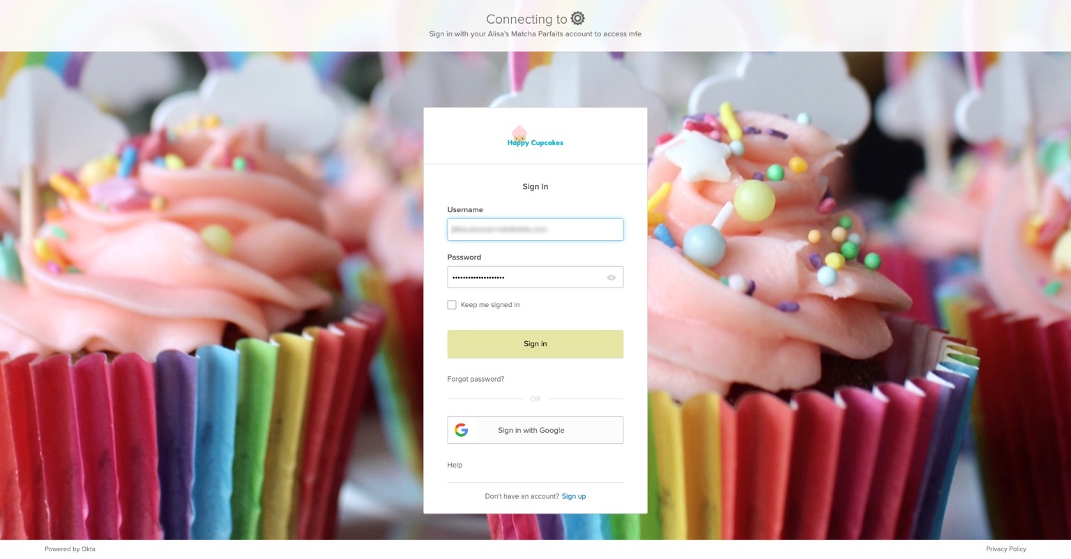 Screenshot of themed sign-in page featuring cupcakes