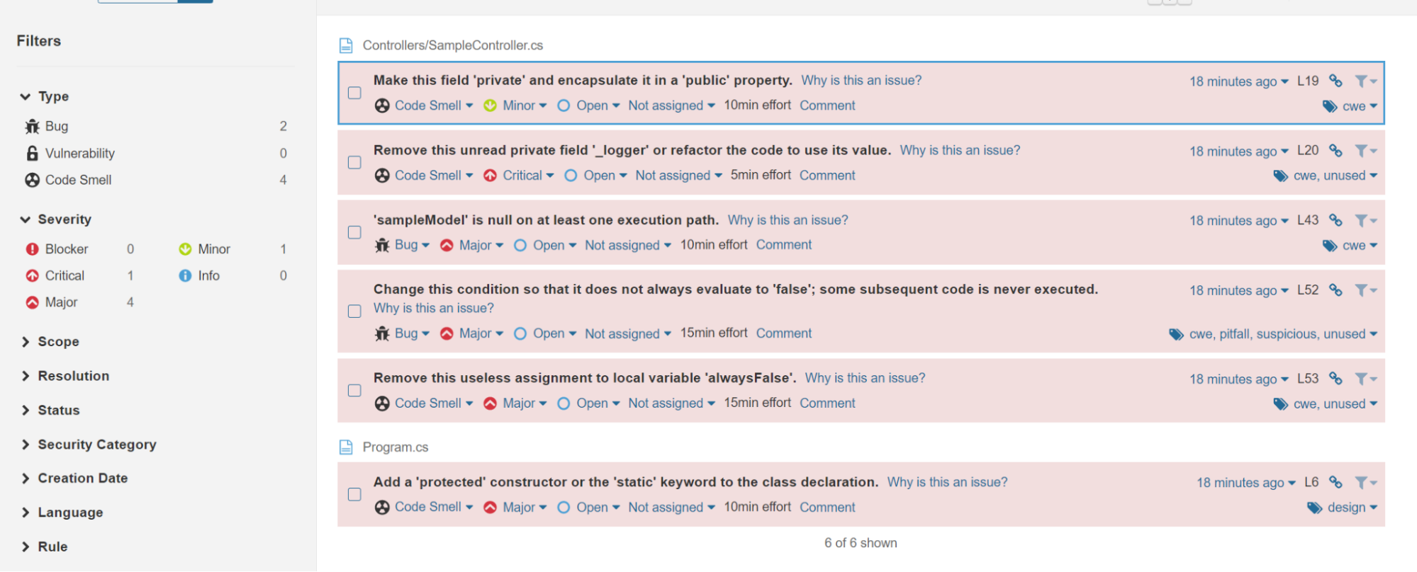 Screenshot of Listed Issues In Source Code