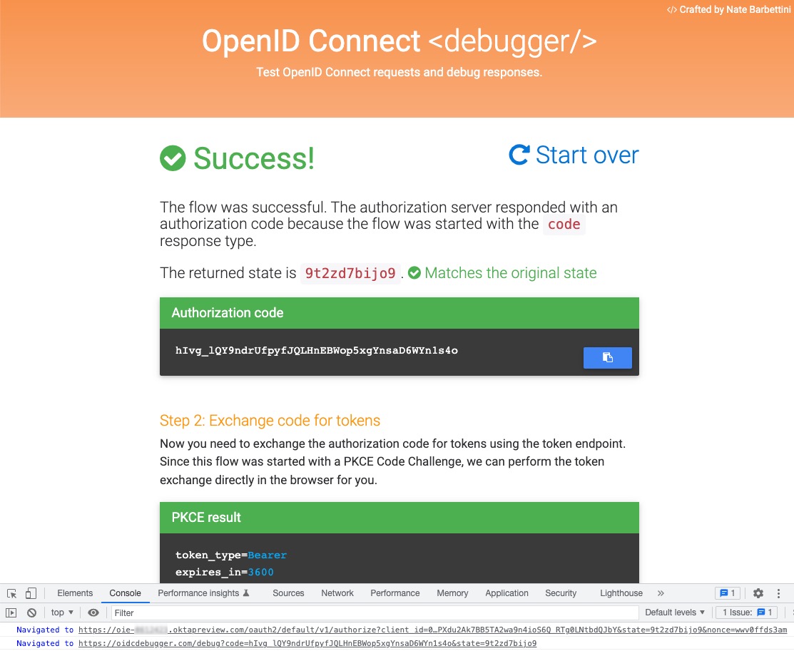 Authorization code and tokens returned in the OIDC debugger upon successful sign-in
