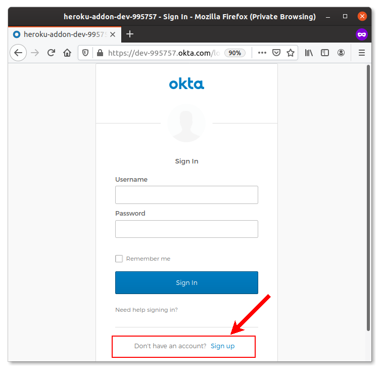 Okta sign-in form with registration link