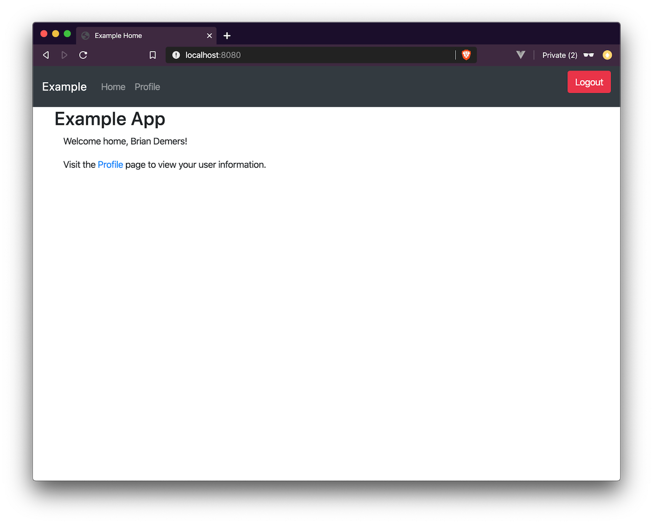 Example App with user logged in