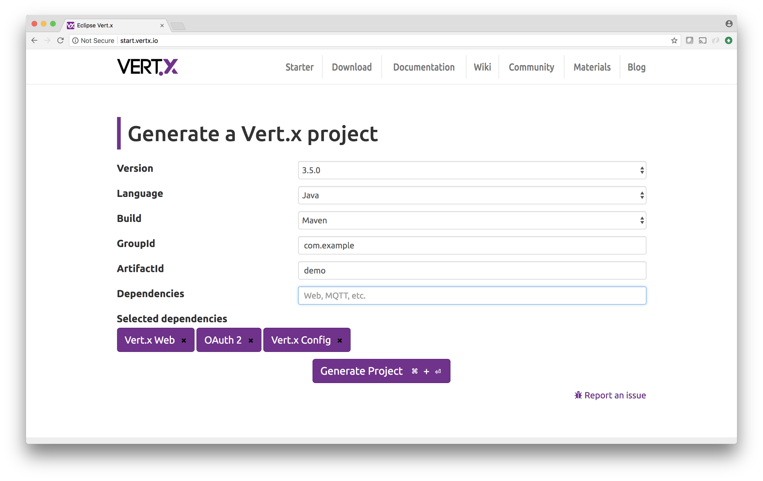 Generate a Vert.x project
