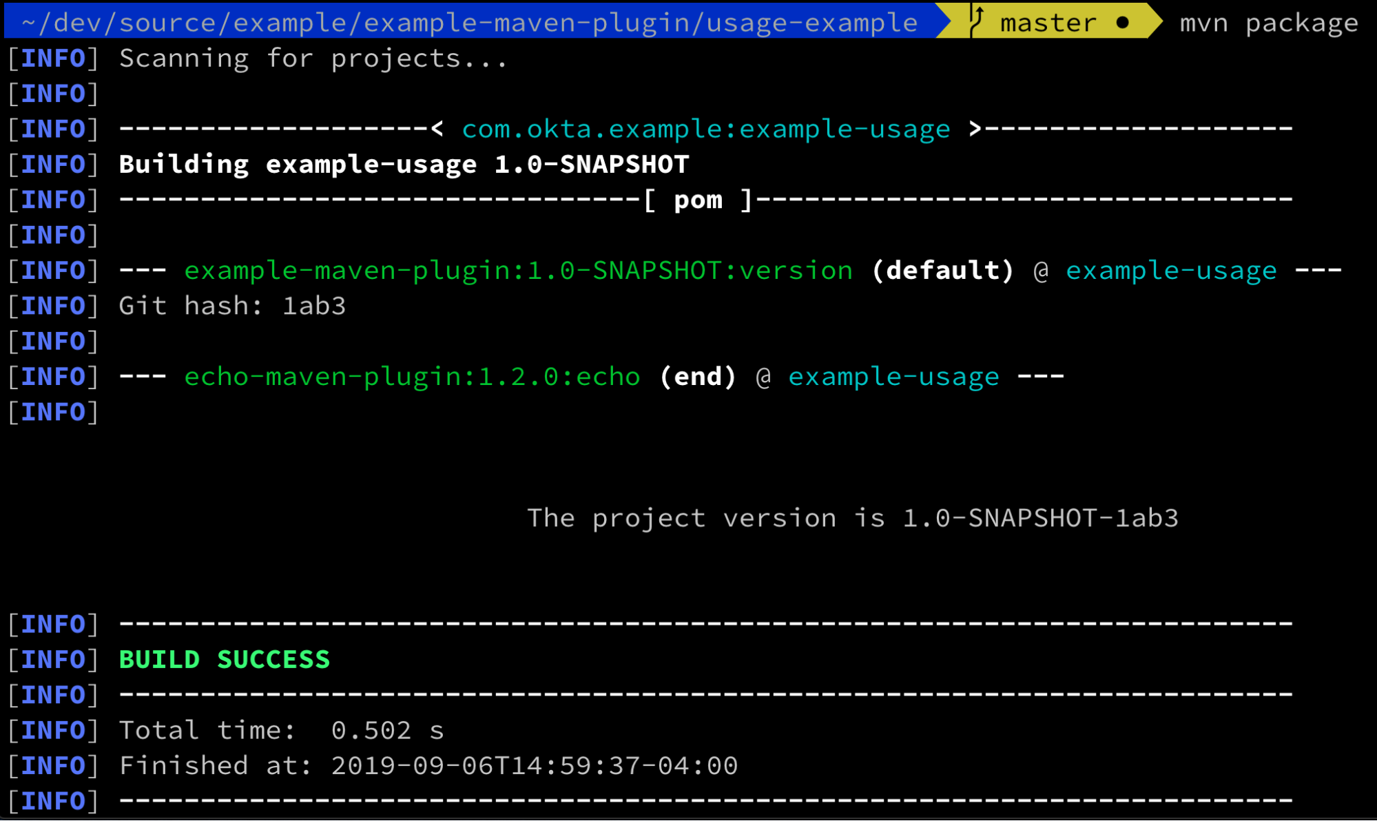 Console screenshot of plugin output