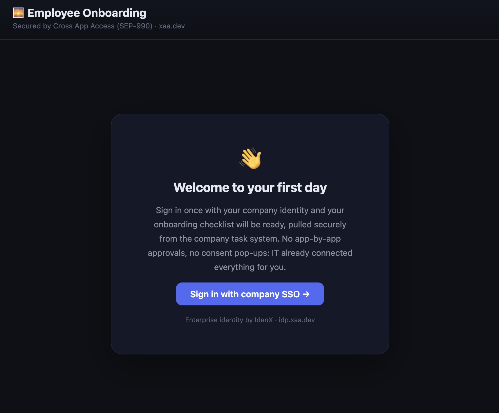 Employee Onboarding app welcome screen secured by Cross App Access, with a Sign in with company SSO button and enterprise identity provided by IdenX