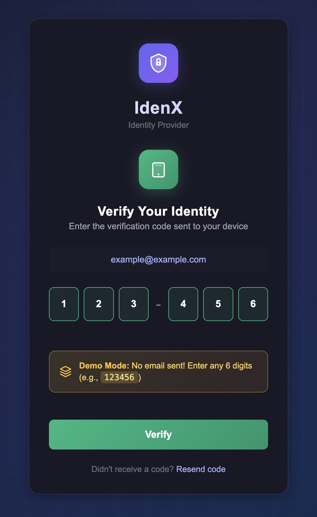 IdenX Verify Your Identity screen with a six-digit verification code field and a demo mode notice explaining that no email is sent and any six digits work