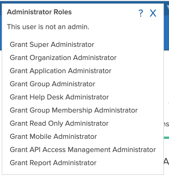 Example of the dialog for granting administraton roles