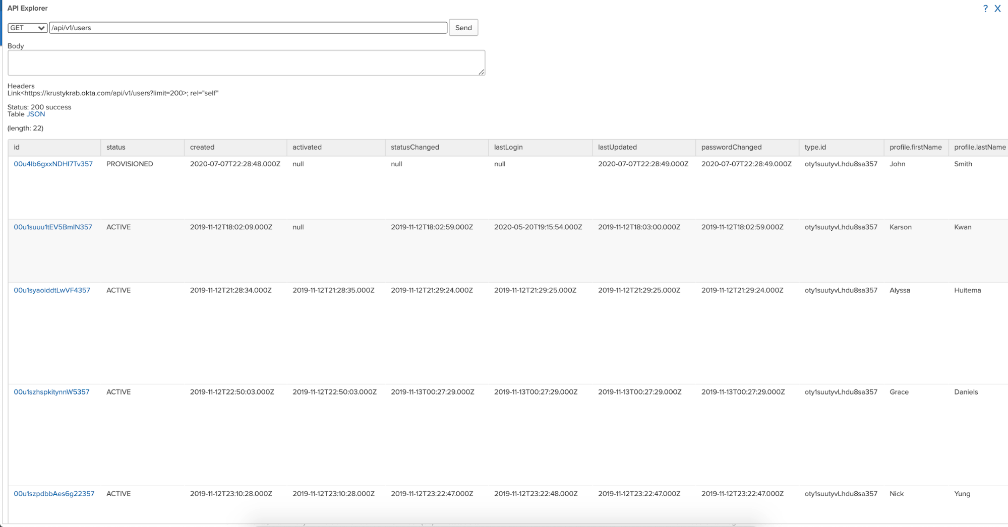 What the rockstar API explorer looks like when a list of users is displayed