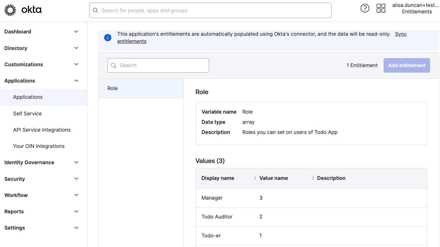 Governance tab with roles discovered by Okta
