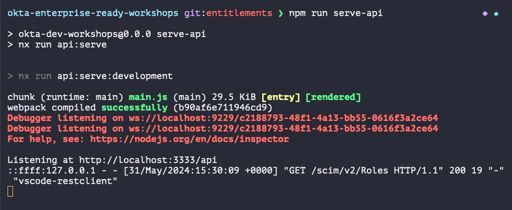 Terminal output showing the GET request to the /Roles route and a 200OK HTTP response