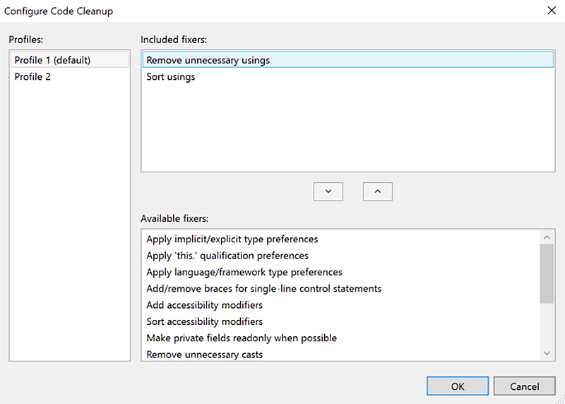 VS 2019 Code Cleanup configuration window
