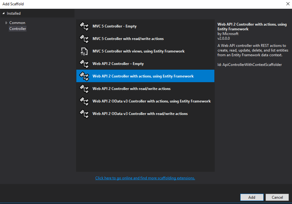 Visual Studio new controller dialog