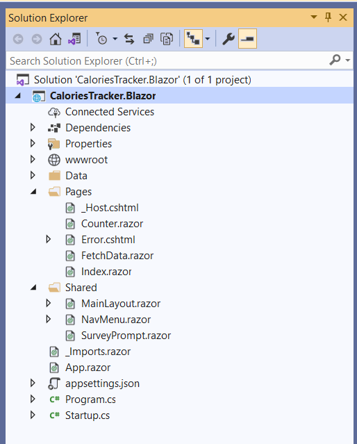 screenshot of the Solution Explorer showing the CaloriesTracker.Blazor project file structure