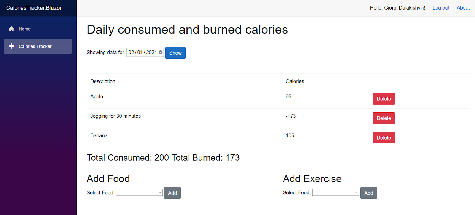 Screenshot of CaloriesTracker interface showing 'Daily consumed and burned calories'