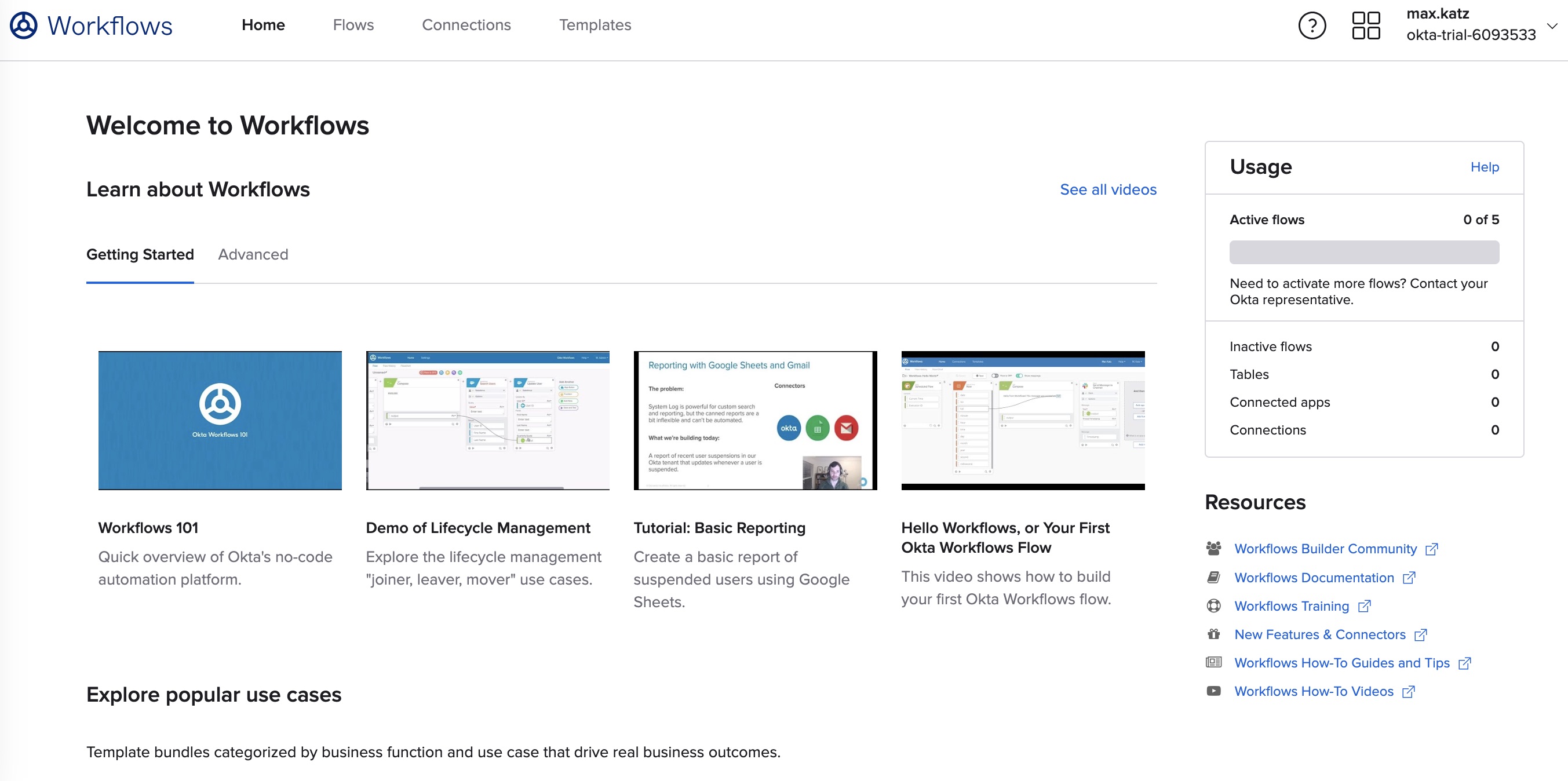 Workflows home page