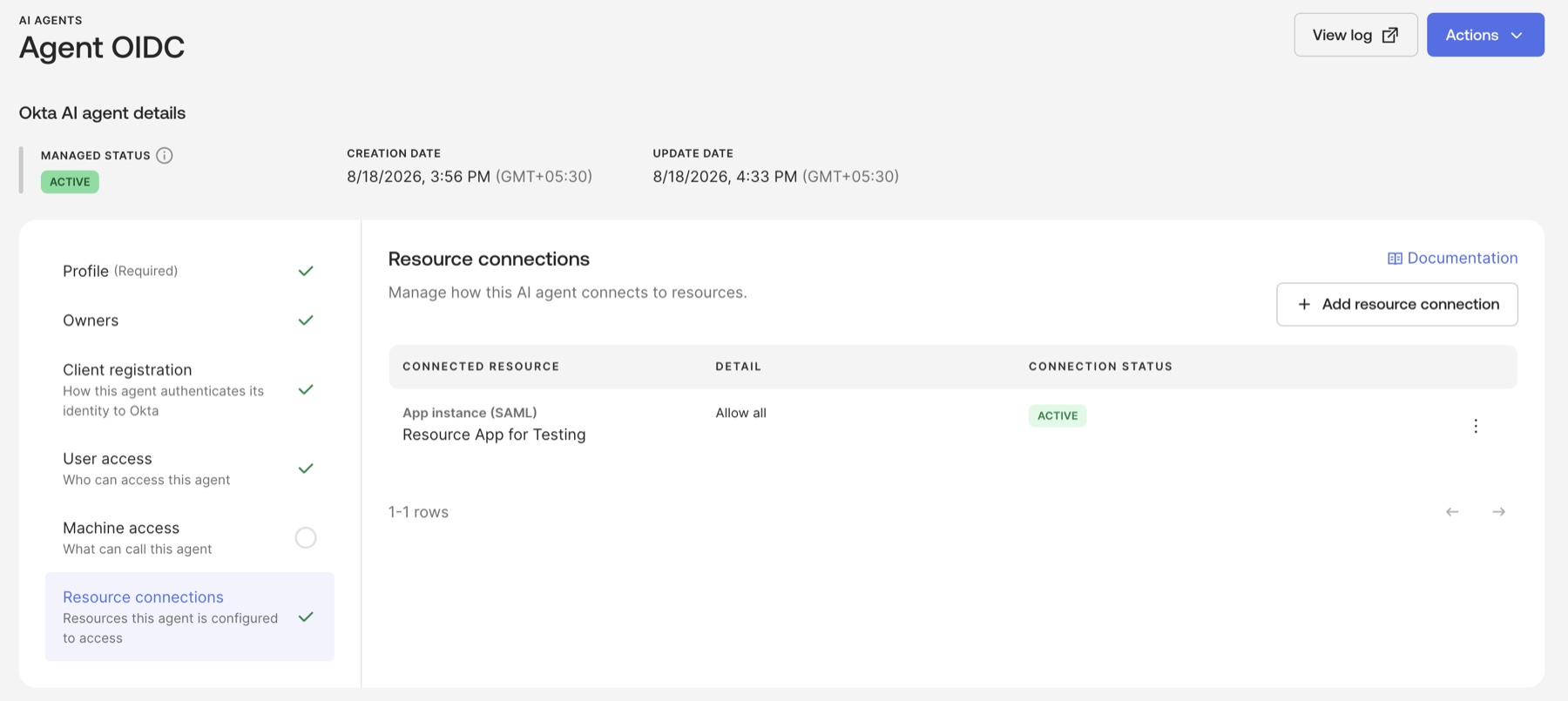 AI Agent configuration page showing all required sections completed with green checkmarks except Machine access.