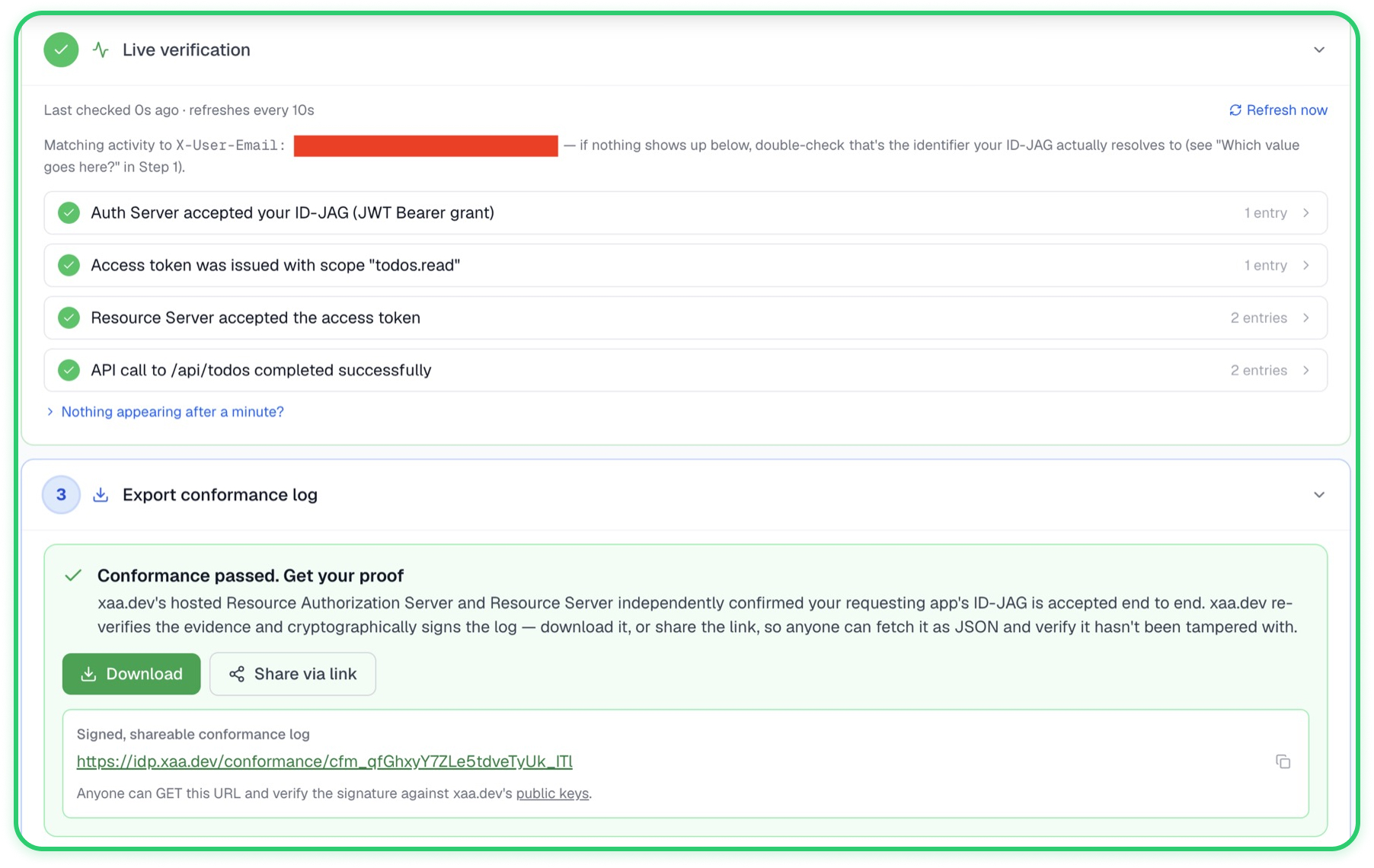 xaa.dev Live verification tab showing a green Conformance passed panel after a successful XAA flow.