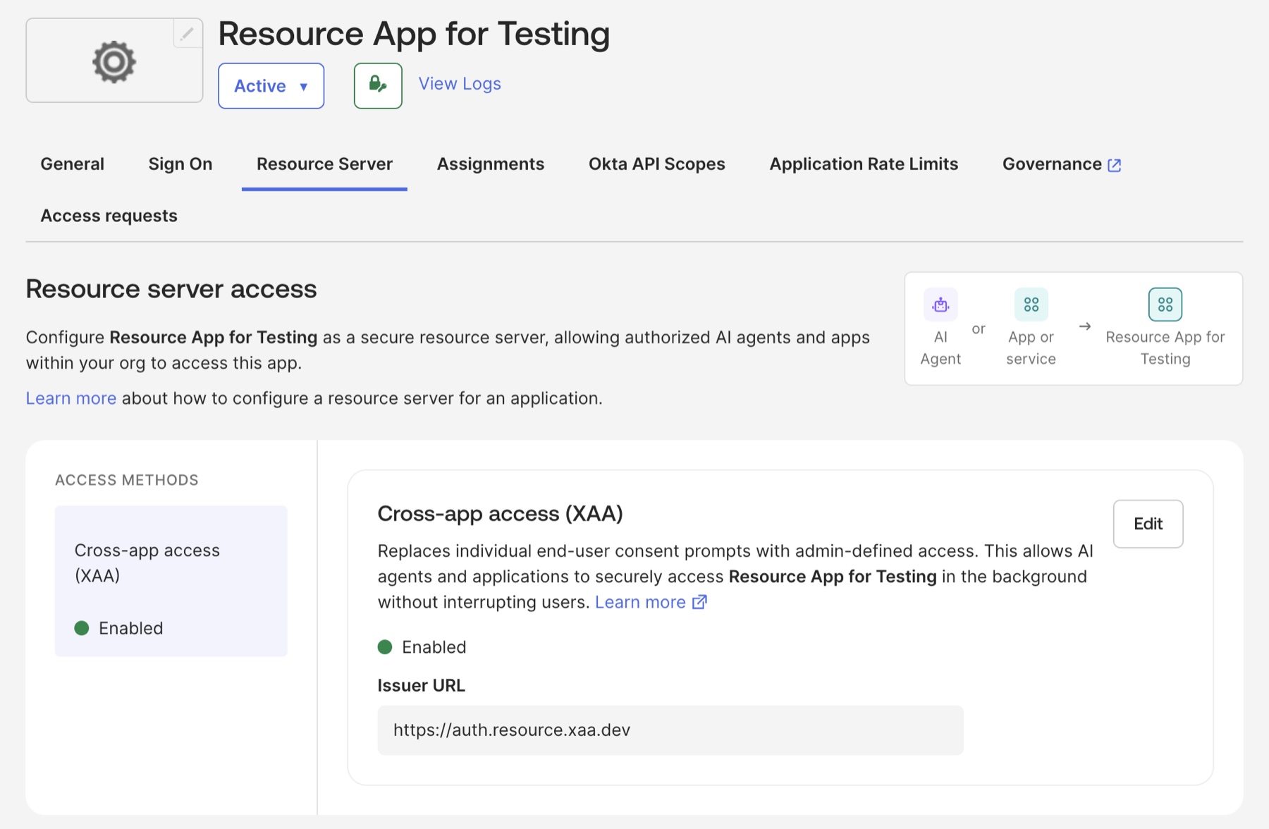 Resource Server tab showing Cross-app access (XAA) enabled with Issuer URL configured.