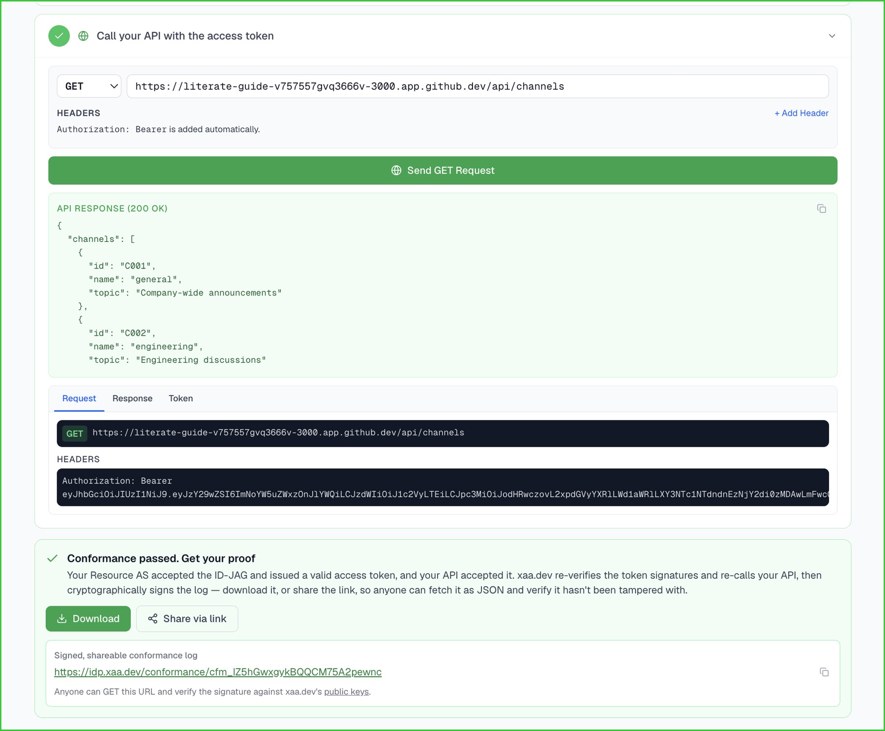 Conformance passed. Export your proof. A button allows exporting a conformance log in JSON format.