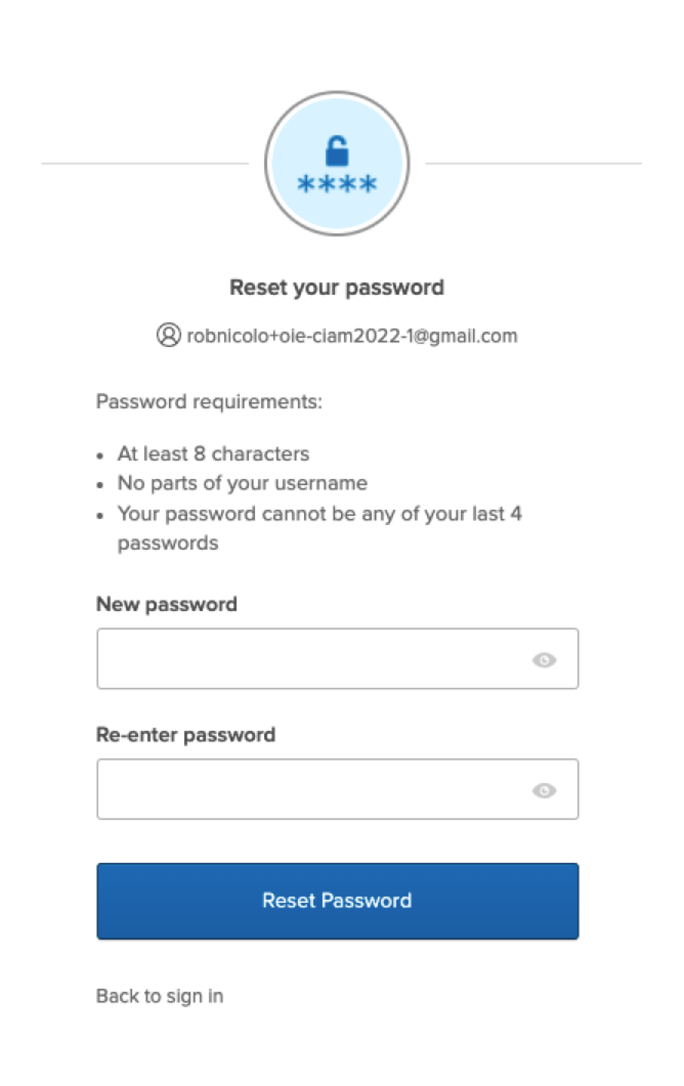 Screenshot of password reset page