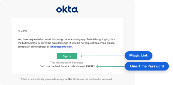 A sample email sent by the Identity Engine with OTP and magic link highlighted