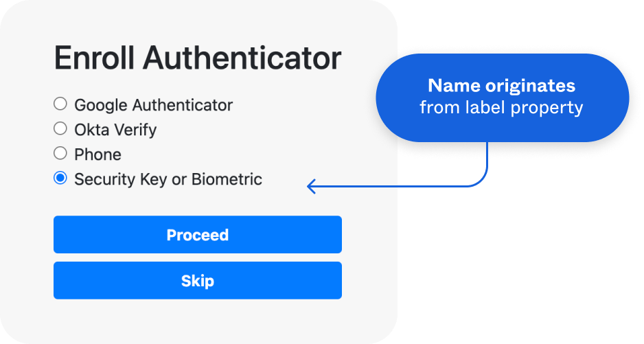 Screenshot illustrating the enroll authenticator page showing the available sign-in authenticators, including the WebAuthn.