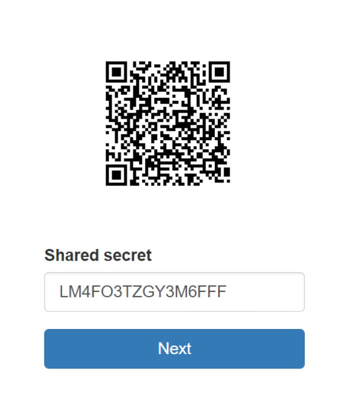 A page showing a QR code and a shared secret to enroll a mobile device running Google Authenticator