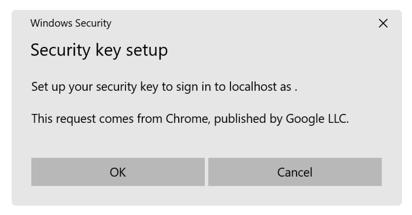 A dialog generated by the browser prompting the user to set up their security key 