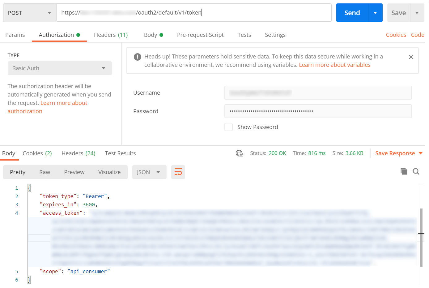 Postman showing a token request post response including an access token