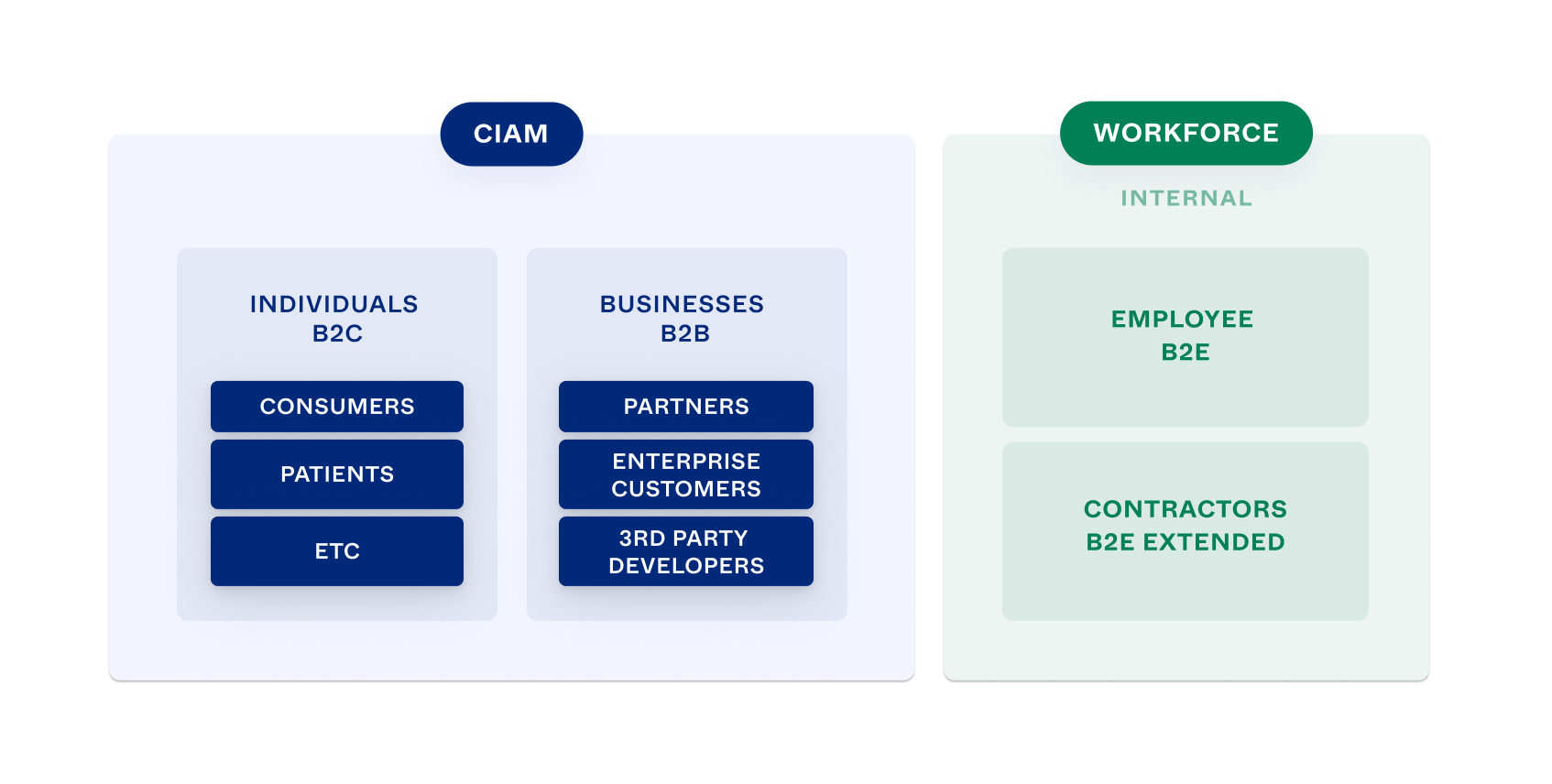 A diagram that gives examples of the roles of people who access customer or workforce solutions.