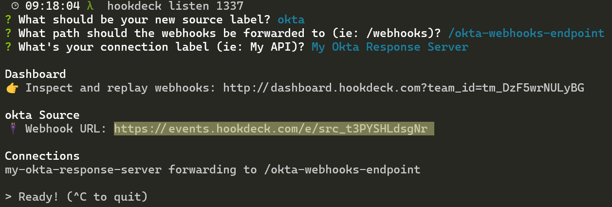 An image of a terminal that displays a Hookdeck session status. The session status contains urls that tunnel into the local port.