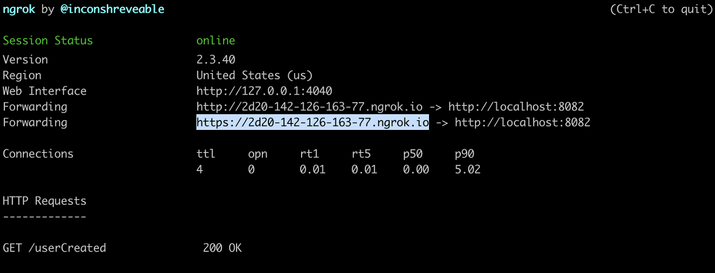 A screen shot of a terminal that displays an ngrok session status, with online in green. The session status contains urls that tunnel into the local port.