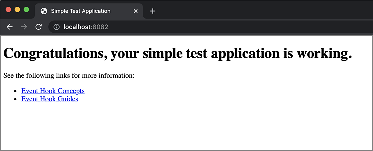 A screen shot of the simple application web page that includes a welcome message and links to the Okta Developer documentation.