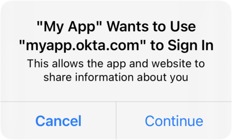 "A confirmation dialog asking the user to allow sharing information between myapp.okta.com and My App."