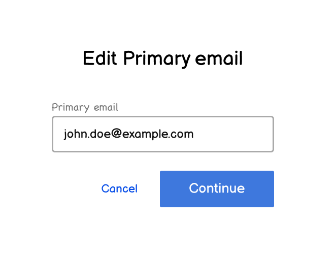 Screenshot showing a page with a new primary email input field and continue button.