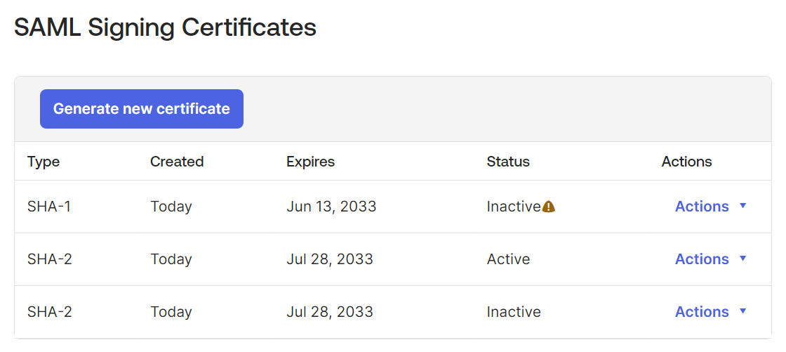 The SAML Signing Certificates section of the Applications UI