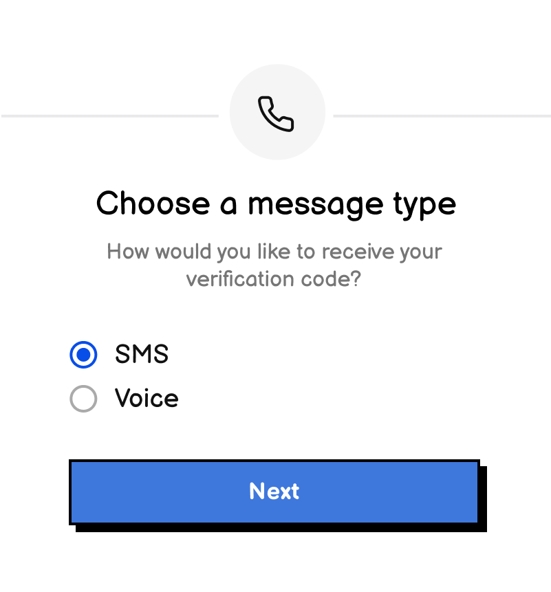 A choose your phone verification method form with SMS and Voice options and a next button