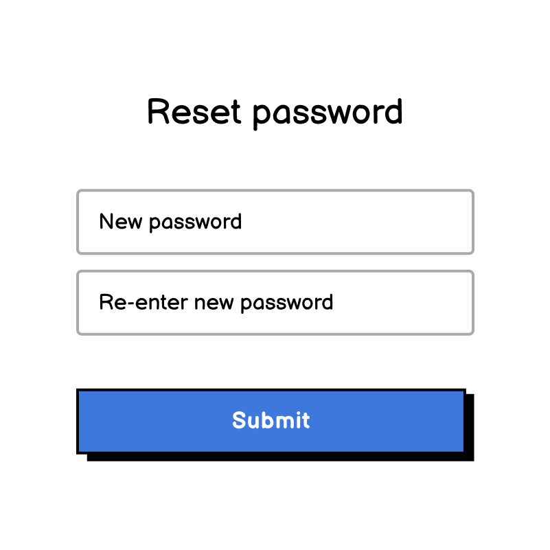 A reset password form with two fields to enter and to confirm a new password and a next button