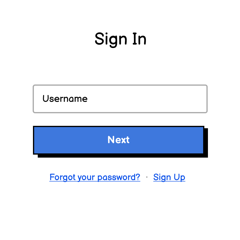 A sign-in form with a field for the username, a next button, and links to the sign-up and forgot your password forms