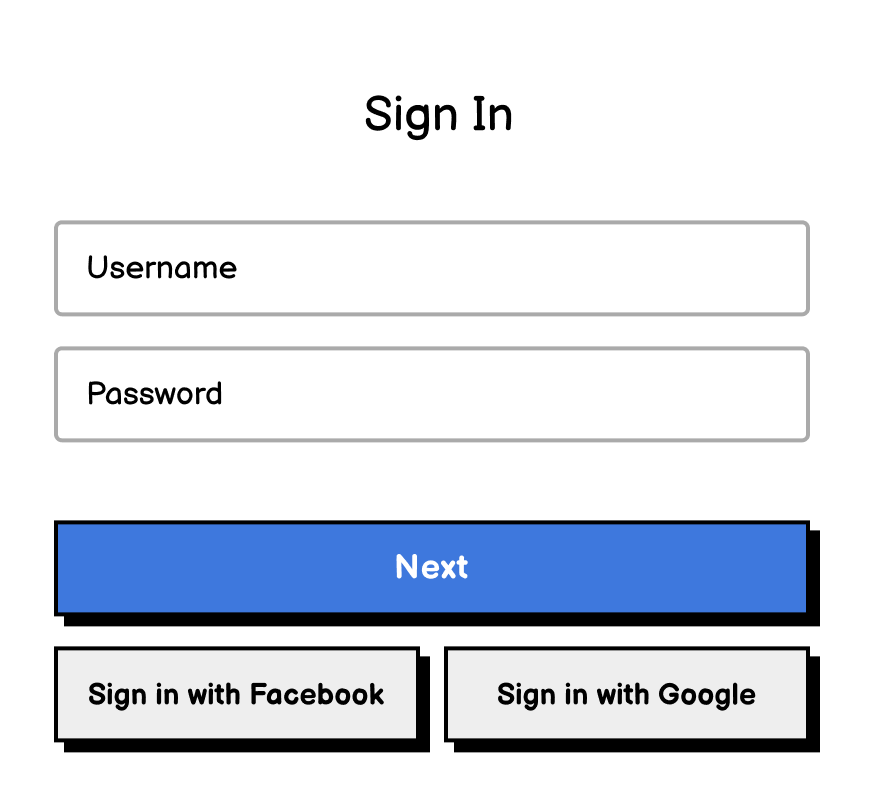 A sign-in form with fields for username and password, a next button, and also buttons for signing in with facebook or google