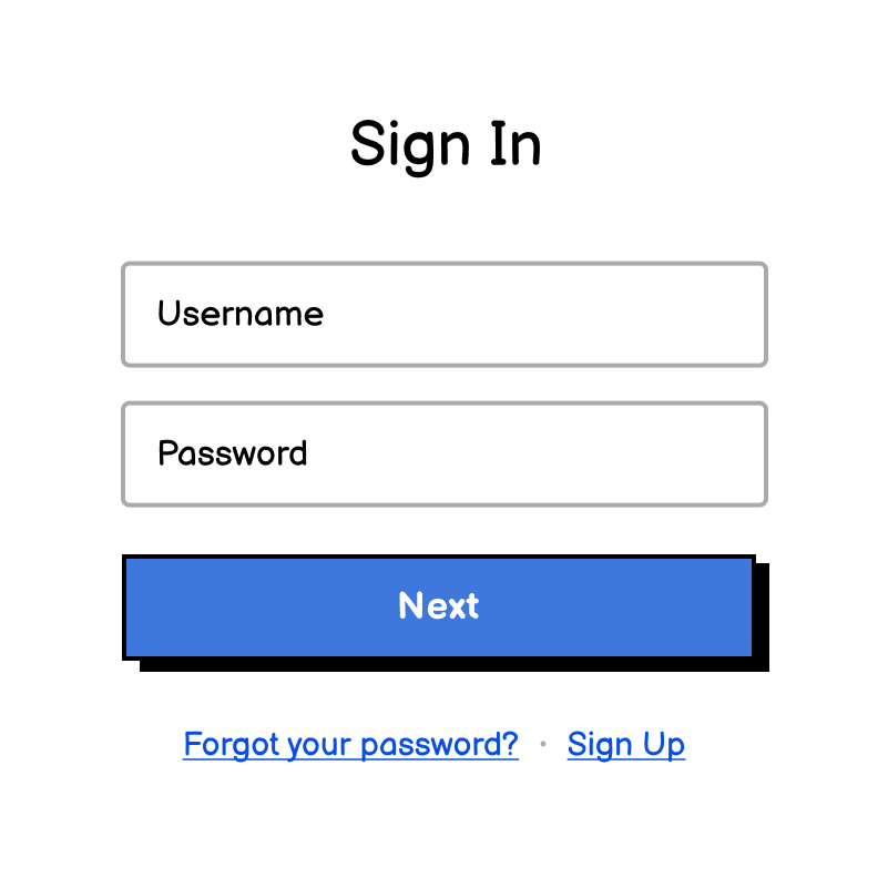 A sign-in form with fields for username and password, a next button, and links to the sign-up and forgot your password forms