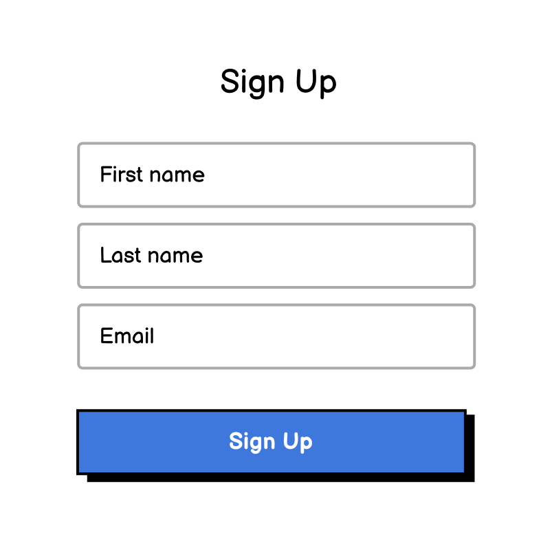 A sign-up form with fields for first name, last name, and email address, and a create account button