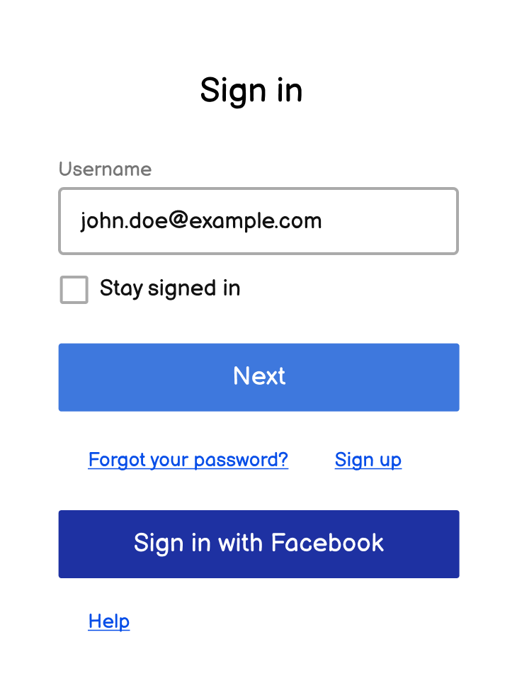 The Sign-In-Widget's sign-in page with a username field, Next button, Sign in with Facebook button, and links to reset your password and sign up