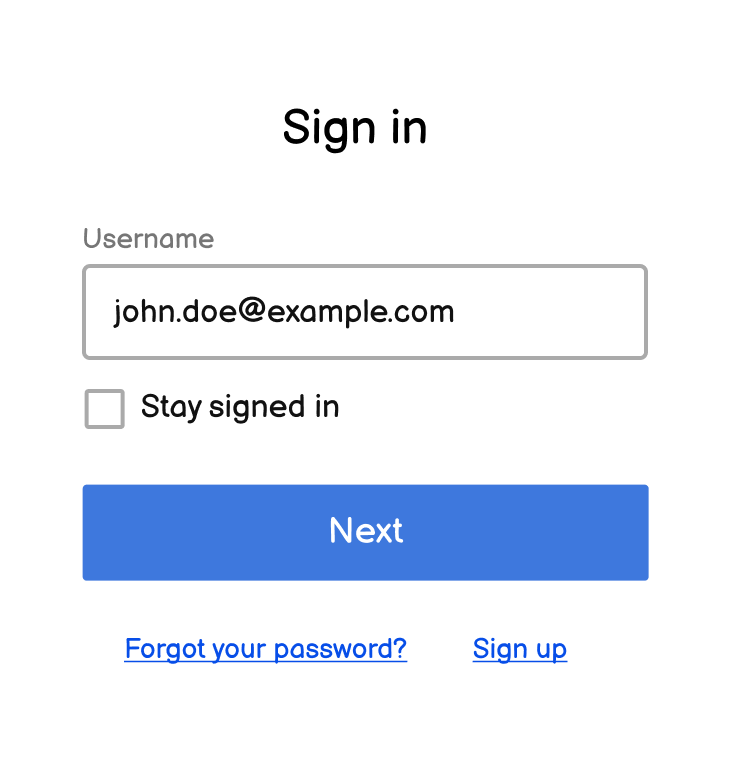 The Okta Sign-In Widget's sign-in form with a field for a username, next button, and links to reset your password and sign up